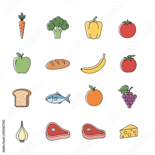 Vibrant collection of fresh food icons including fruits vegetables protein and dairy perfect for healthy eating promotions