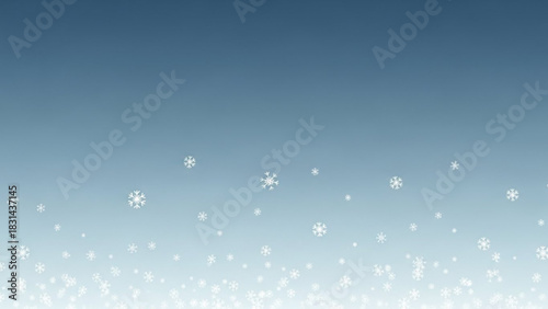 Gentle snowfall illustration against a gradient blue winter sky background, featuring delicate white snowflakes drifting down onto a snowy ground