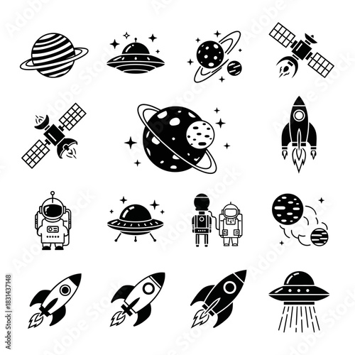 Explore the cosmos with vibrant rocket ships, mysterious UFOs, and brave astronauts in this dynamic space collection, perfect for innovative projects.