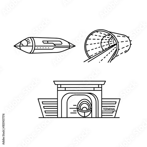 Futuristic transportation concept featuring a sleek pod vehicle, hyperloop tunnel, and modern terminal building for efficient travel.