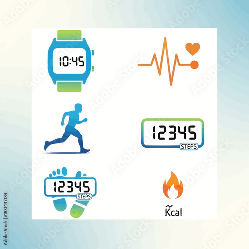 Modern fitness icons showcase smart watch, running silhouette, heart rate, steps, and calorie burn for active lifestyle promotion