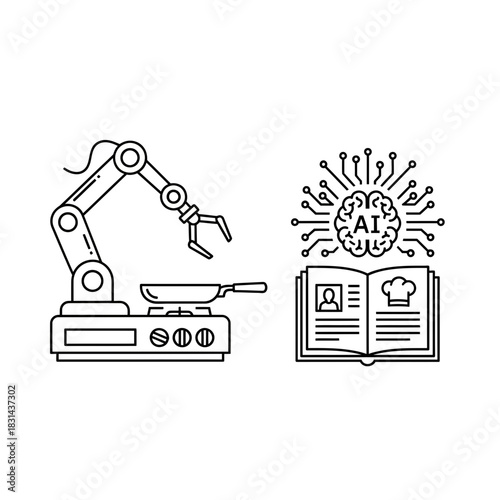 Intelligent robotic arm with AI brain and cookbook symbolizes automated culinary innovation and future kitchen technology advancements