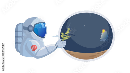 Astronaut holding plant on mars colonization mission vector illustration graphic design concept art work