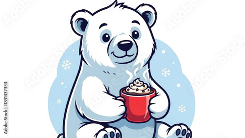 Cute cartoon polar bear cub sitting and happily holding a steaming red mug filled with hot chocolate topped with whipped cream