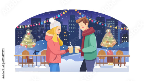 Couple enjoying winter christmas market with hot drinks and city lights festive season holiday vacation