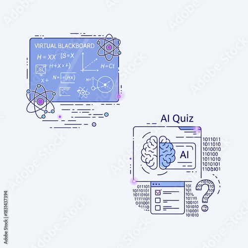 Innovative AI quiz concept with brain, binary code, and virtual blackboard demonstrating science and technology learning