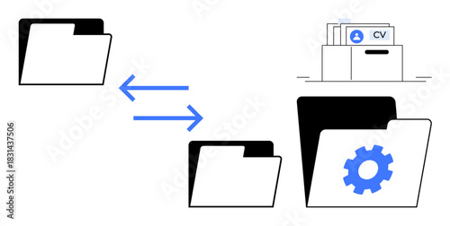 File transfer concept. File transfer illustrated with arrows, folders, and a gear icon, digital data management and storage. File transfer for workflow, data, cloud, organization and technology