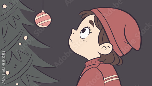 Illustration of a girl looking at christmas tree with ornament holiday season festive celebration design
