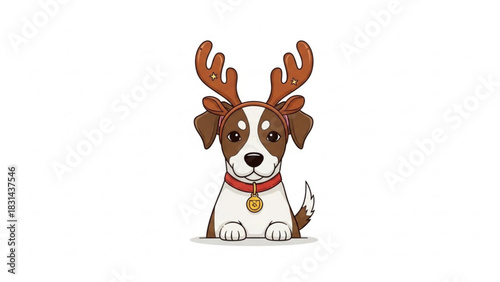 Cute cartoon illustration of a small brown and white dog wearing festive reindeer antlers and a red collar with a gold tag