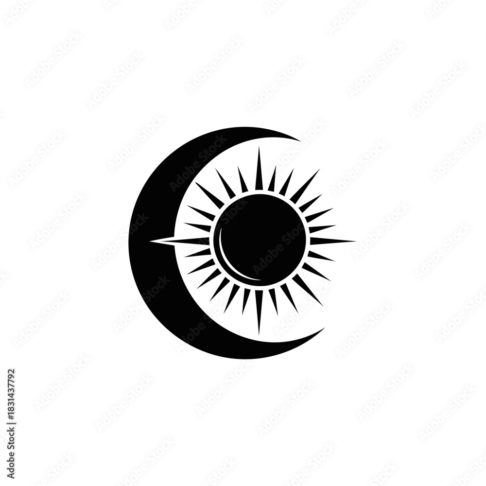 Fototapeta premium Stylized black sun crescent moon celestial balance vector icon