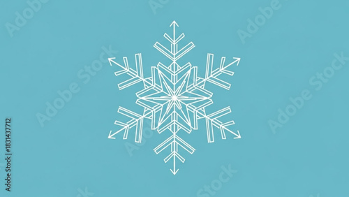 A detailed, stylized white line drawing of a sixsided snowflake centered against a solid, light blue background, representing winter and cold weather