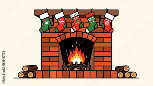 Illustration of a traditional brick fireplace with a roaring fire inside, featuring five colorful christmas stockings hanging neatly from the mantelpiece
