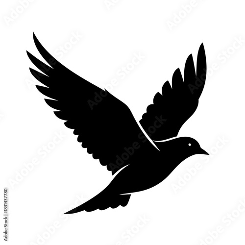 Black flying dove silhouette icon for peace marketing material