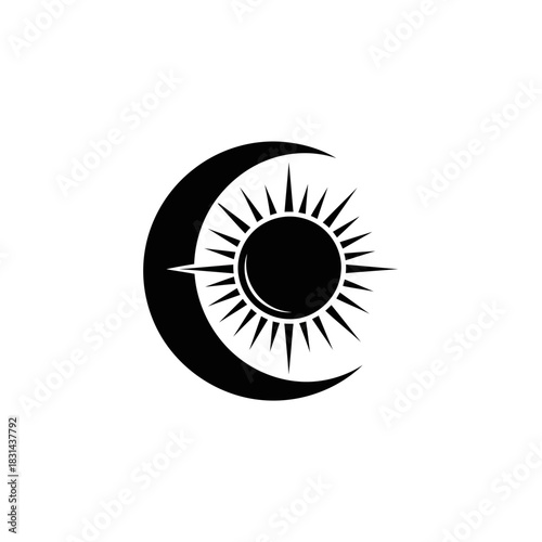 Stylized black sun crescent moon celestial balance vector icon