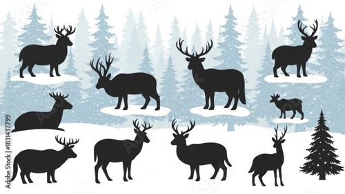 Collection of black silhouette illustrations of various deer and elk standing and resting in a snowy winter forest landscape with pine trees in the background
