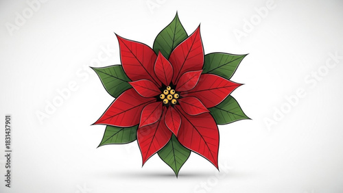 A beautifully rendered illustration of a vibrant red poinsettia flower with green leaves, showcasing its star shape and yellow center