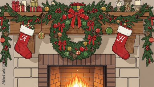A cozy, illustrated christmas fireplace mantel decorated with a lush evergreen garland, a large central wreath with a red bow, and two hanging red stockings