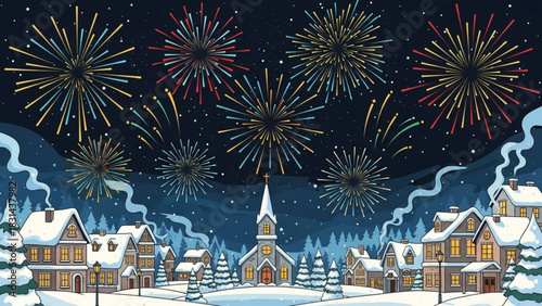 Vibrant fireworks illuminate a snowy, quaint village scene at night, with a central church surrounded by snowcovered houses and evergreen trees under a dark, starry sky