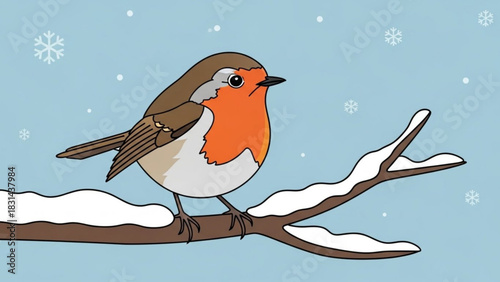 A charming cartoon illustration of a european robin perched on a snowcovered branch against a pale blue winter sky with falling snowflakes