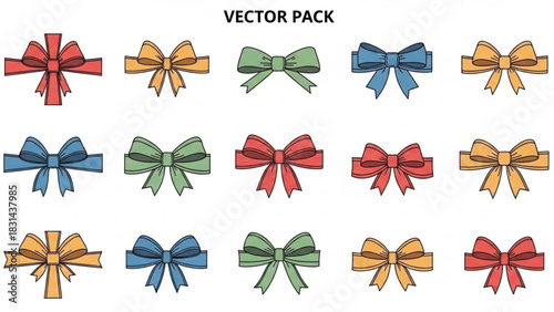 Vector pack of fifteen colorful decorative gift wrapping bows in various shades of red, blue, green, and yellow, perfect for celebration packaging design elements