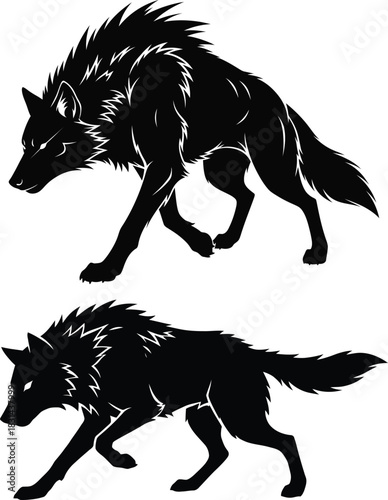 Black wolf silhouettes stalking prey in the wilderness vector illustration