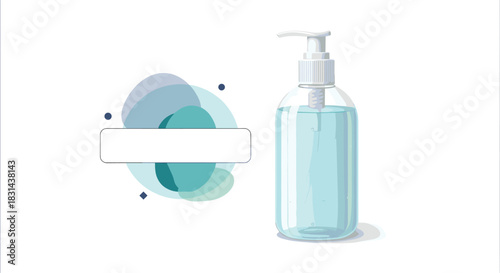 A clear bottle of hand sanitizer with a pump dispenser sits on a white background with abstract blue shapes.