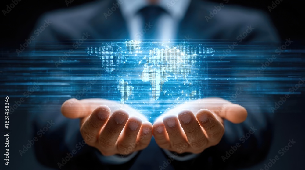 Naklejka premium Ai powered personalized news engine concept. A businessman holding a digital globe with glowing lines.