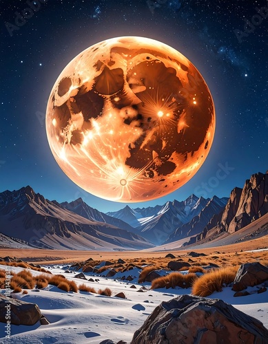 Large, luminous orb hovers over mountains, creating a surreal landscape