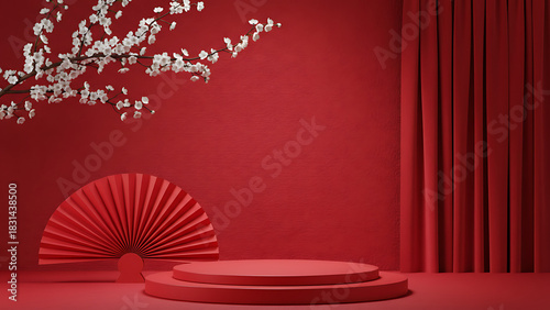 White blossoms over a red fan with deep red pleated curtains and red stage. Lunar New Year Celebration & Oriental Aesthetic