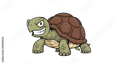 A cartoon turtle with a mischievous grin and a determined expression is shown from the front.