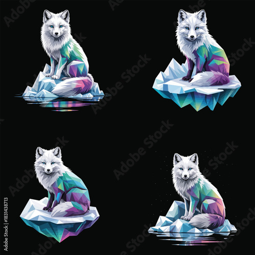 Arctic Fox With Geometric Crystal Fur Sitting On Iceberg In Water Keywords: arctic fox, animal