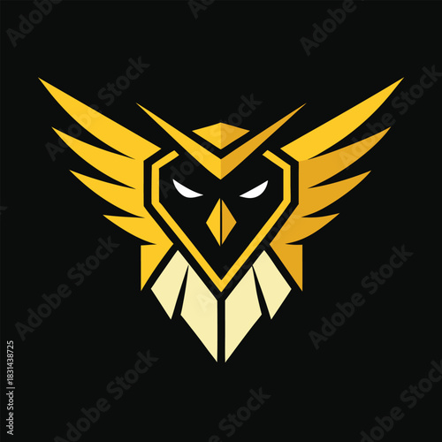 Fierce Golden Owl Logo with Sharp Wings on Black Background Keywords: owl, logo, fierce, golden, sharp, wings, black background, abstract, modern