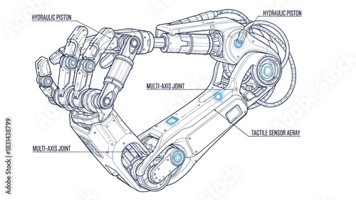 Detailed blueprint of advanced robotic arm with hydraulic pistons and tactile sensors for engineering projects and futuristic technology designs