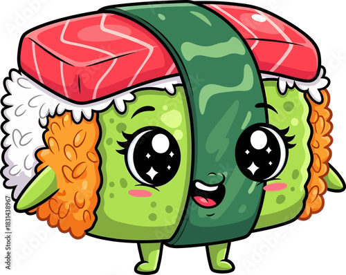 Cute Kawaii Sushi Character with Big Eyes and Smiling Face.