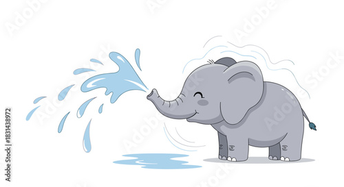 Cute cartoon baby elephant happily spraying water from its trunk on a white background.