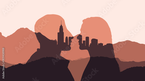 Silhouette portraits with cityscape and mountains