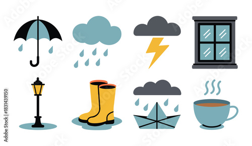 Rainy season mood with umbrella, window, rain boots, coffee cup, and paper boat Vector