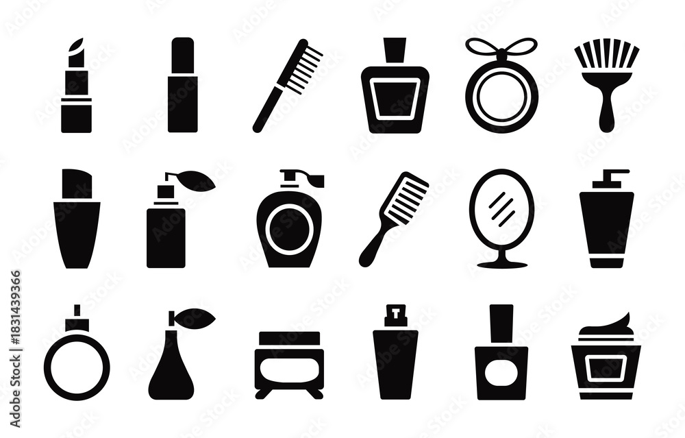 Fototapeta premium Collection of various beauty and care products line icon set on white background exact 100 characters