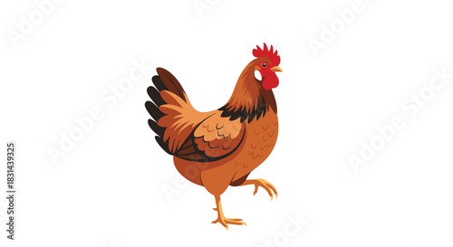 Brown rooster walking with one leg raised, isolated on a white background.