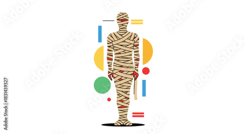 Stylized illustration of a mummy with abstract geometric shapes and colors surrounding it.