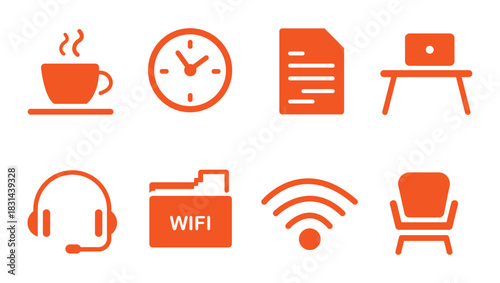 Workspace icons set of work at home or co working place in orange color