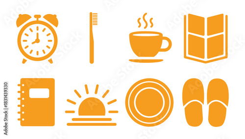 Morning routine vector glyph icons set of daily activities and design elements