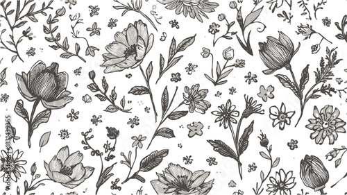 A detailed illustration of various flowers and foliage, carefully drawn in black and white, creating a beautiful botanical pattern.