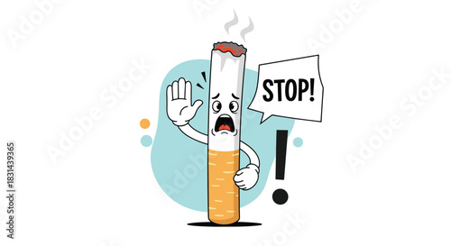 Cartoon cigarette character with an open mouth and hand raised in a stop gesture, saying stop.