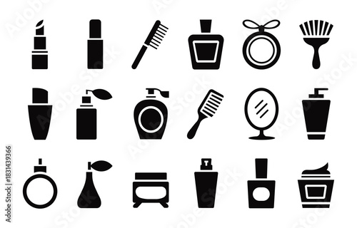 Collection of various beauty and care products line icon set on white background exact 100 characters