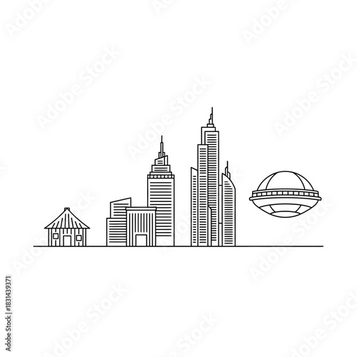 Modern cityscape evolution from humble dwelling to futuristic metropolis with iconic dome structure signifying progress