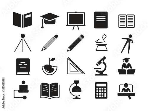 Education and studying simple line icons set on white background exact 100 characters
