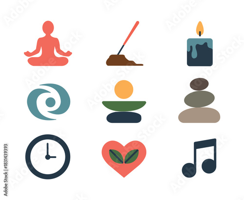 Mind and body wellbeing vector icon set for self care and mental health practice