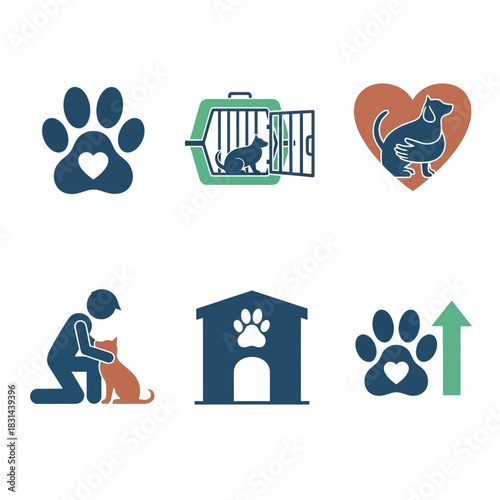 Adoption loving pets fostering care community support animal welfare growth icons set