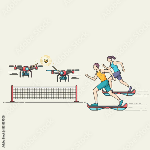 Dynamic duo races on hoverboards against autonomous drones in a futuristic sport, capturing the thrill of innovation and athletic competition.